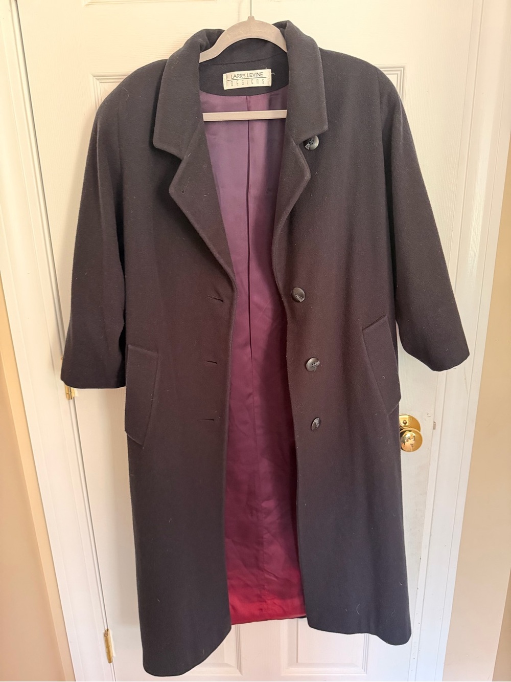 Vintage Larry Levine Black Long Wool-Blend Coat with Burgundy Lining